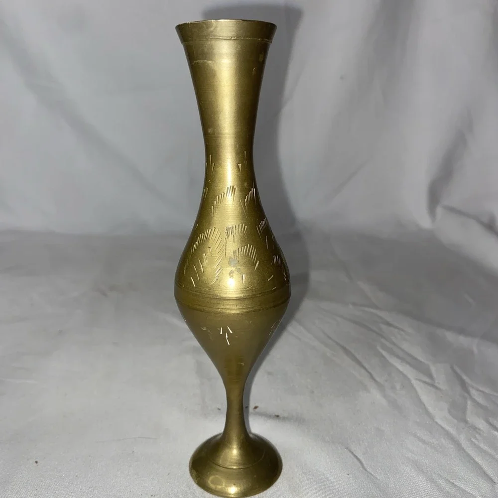 Vintage Brass Etched Vase India Floral Art Deco 6 Inches